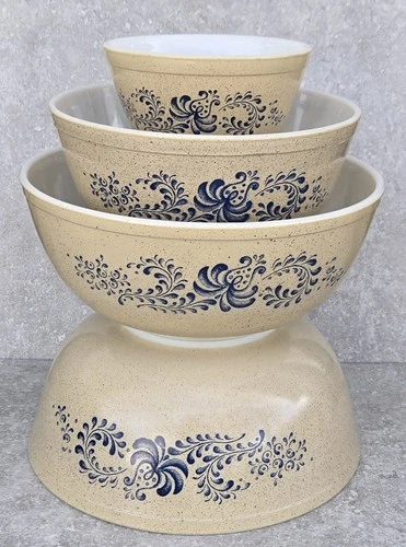 Vtg Set 4 80's Pyrex homestead French Country Kitchen Mixing Bowls 401 403 404