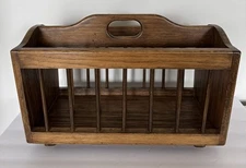 Solid Wood Magazine Newspaper Book Floor Wooden Rack With Handle Brown Vintage