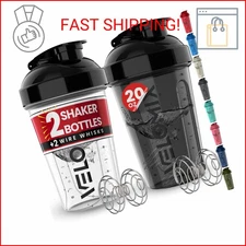 VELOMIX -2 Pack- 20 oz Protein Shaker Bottles for Protein Mixes - 2x Wire Whisk 
