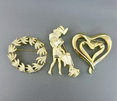 Vintage AJC Brooch Lot Woman Shopping Dog Heart Leaf Wreath Gold Tone Signed