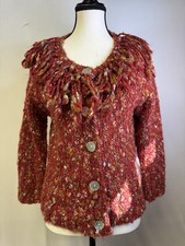Ruby Rd Chunky Knit Cardigan Sweater Womens L Fringe Boho Multicolor