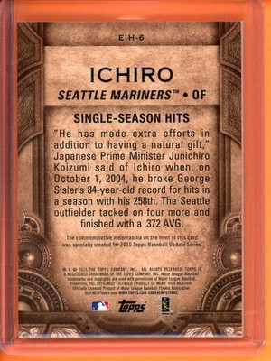 h*e様 Topps Ichiro Meaningful Material イチ Ichiro Etched in History Commemorative Relics 2015 Topps Update