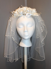 VINTAGE 1980 s, 2-TIERED WEDDING VEIL W/ SATIN ROSETTES, FAUX DIAMONS, PEARLS