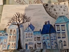 Naive Folk Art Houses Acrylic Painting