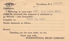 U.S. INTERNATIONAL BRAID COMPANY, R.I.Logo 1940 to Norton Co Pre Paid Card 47664
