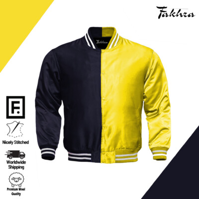 Yellow & Black Satin College Letterman Jacket Premium Baseball, Outerwear,