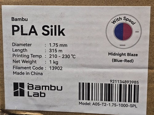 Bambu Lab A05-T2-1.75-1000-SPL 1.75mm PLA Silk Blue-Red Midnight Blaze 315m L - Afbeelding 8 van 10