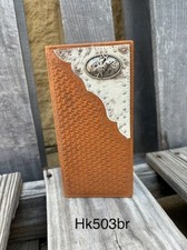 Western Style Brown Basketweave and Cowhide Leather Wallet Bull Rider Concho
