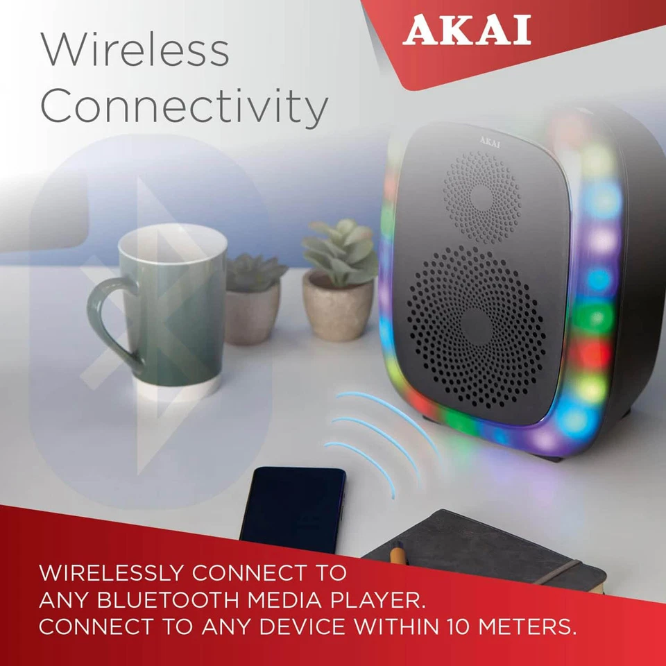 Bluetooth Party Speaker LED Square Wireless Connectivity Portable Akai 10W Black - Image 2 of 4