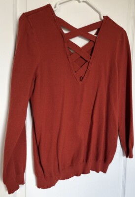 Love Ellie - Women s Sweater-  Red- Criss Cross Cutout Back- Stretch- Size L