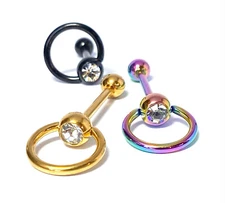1pc Clear Gem w/ Slave Ring Tongue Ring IP Steel Barbell Door Knocker Tounge