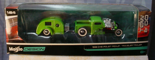 Chevrolet 1936 camioneta/remolque de viaje ✰ verde ✰ diseño Maisto remolque y arranque ✰ 1:64 - Imagen 1 de 3