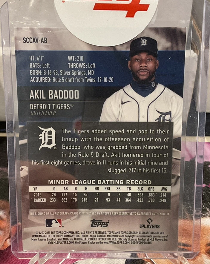 2021 Topps Stadium Club Chrome Akil Baddoo Rookie Refractor Auto Sealed Tigers - Image 2 of 2
