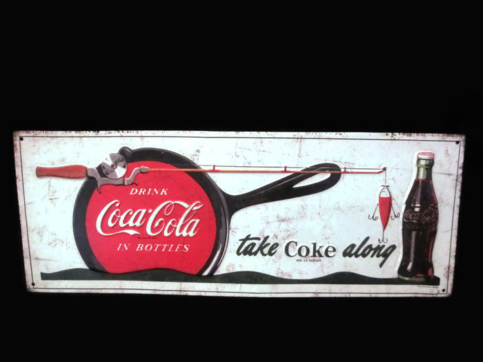 Coca-Cola Vintage Look Sign Take Coke Along Fishing Pole Cast Iron