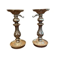 Vintage Villy Lot Of 2 Candle Holders Cast Metal Resin Pillar Gold Ornate