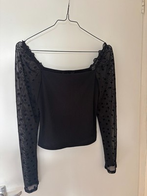 New Look Black Crop Ribbed Mesh Dotty Sleeve Top Size 8