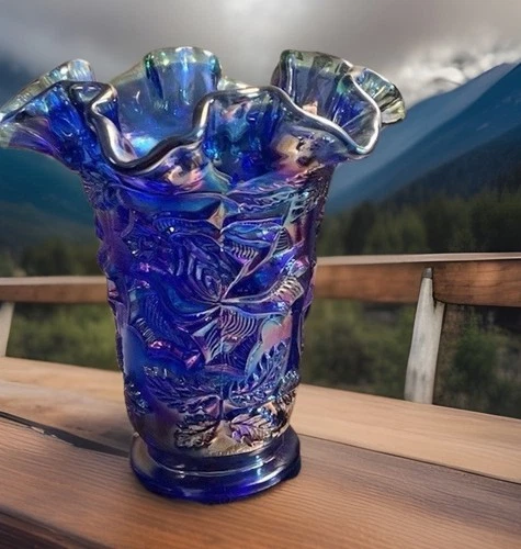 Rare Fenton Cobalt Blue Carnival Glass Wild Rose Iridescent Vase Aqua Crest Rim