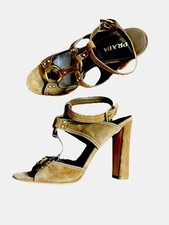 Prada Heels Sandals Tan Suede Size 39 Metal Buckles Authentic Prada Shoes