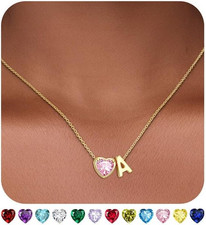 Valentines Day Gifts for Her- Heart Birthstone Initial Necklace for Women Girls,