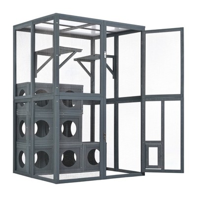 Cat Tree Wood Playground Cat Enclosure Double Enter Doors shelves Weatherproof 