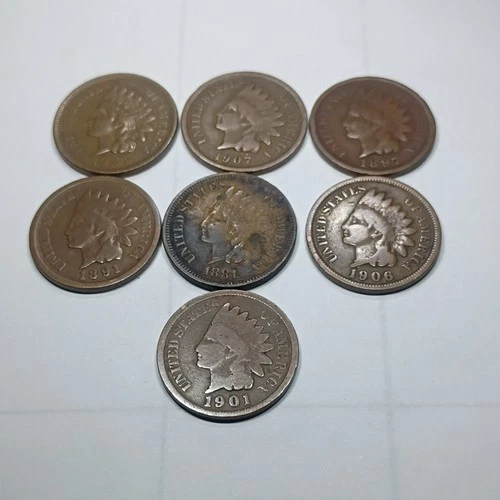 Indian Head Small Cent Lot of 7 Bronze Coins 1881-1909 Philadelphia Circulated