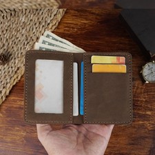 Dark Brown Vertical Leather Bifold Wallet RFID Blocking Men's Skin Wallet