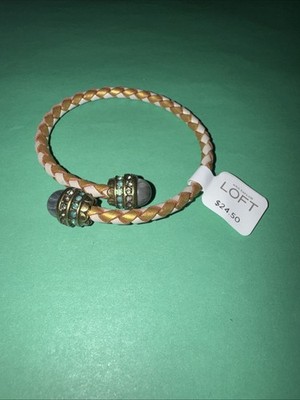 LOFT Gold Silver Braided Leather Bracelet Moonstone Rhinestone Tips NWT $24.50