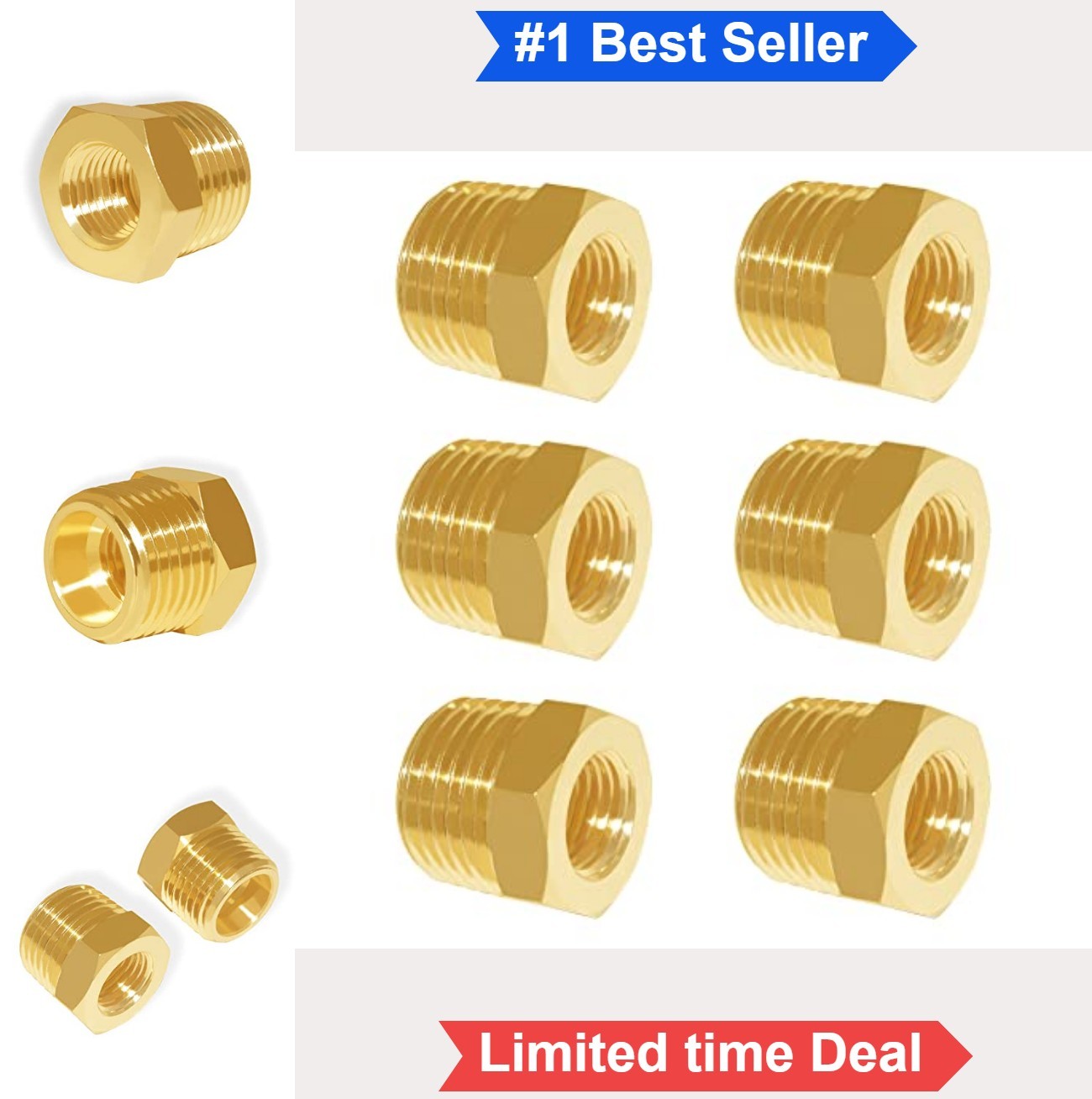 Brass Hex Bushing Reducer 6 Pack 1/2 Inch NPT Male to 1/8 Inch NPT Female Pipe