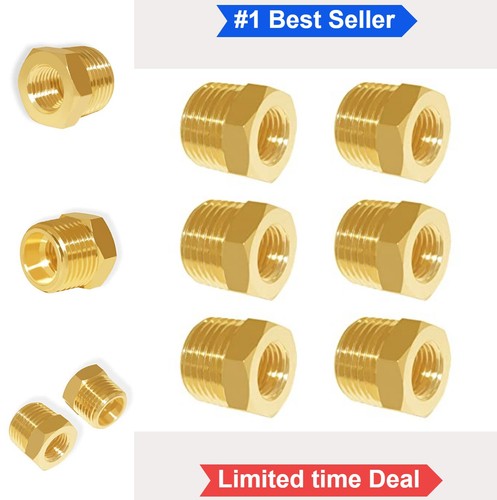 Brass Hex Bushing Reducer 6 Pack 1/2 Inch NPT Male to 1/8 Inch NPT Female Pipe