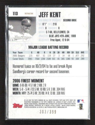 2007 Finest Jeff Kent #113 Blue Refractor /399 Los Angeles Dodgers TV4658 - Picture 2 of 2
