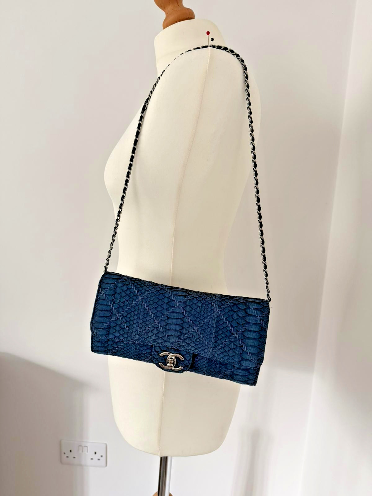 Chanel Blue Python East West Flap Clutch Bag