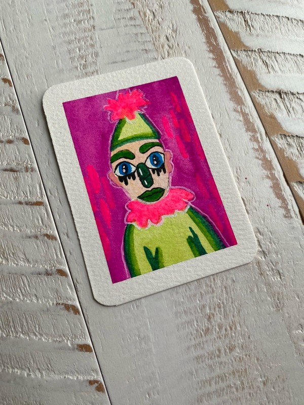 ACEO ORIGINAL  clown whimsical Miniature Art OOAK DOODLEALLADAY