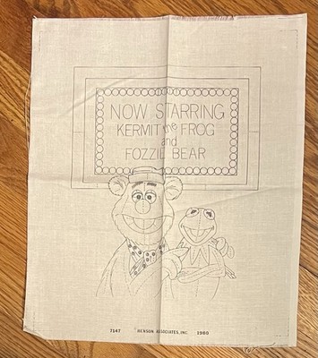 Vtg 1980 Columbia Minerva Muppets Crewel Fabric Panel Only Kermit Fozzie 7147