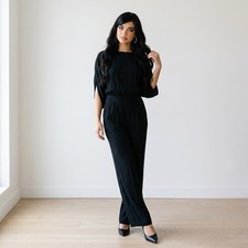 DIANE von FURSTENBERG Black Wide-Leg Jumpsuit Size 8 Boat Neck Batwing Sleeve