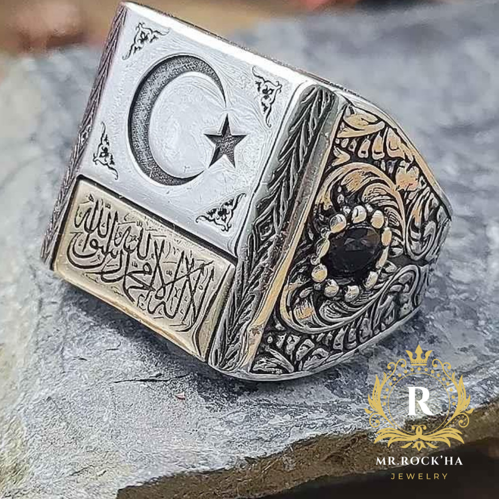 Word of Tawhid Engraving,Star Crescent,Black Zircon Stone,925 Silver Men's Ring