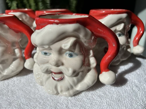 Vintage Retro MCM Santa Mugs Ceramic Head Cups 3.5” Christmas Decor🎅🏻