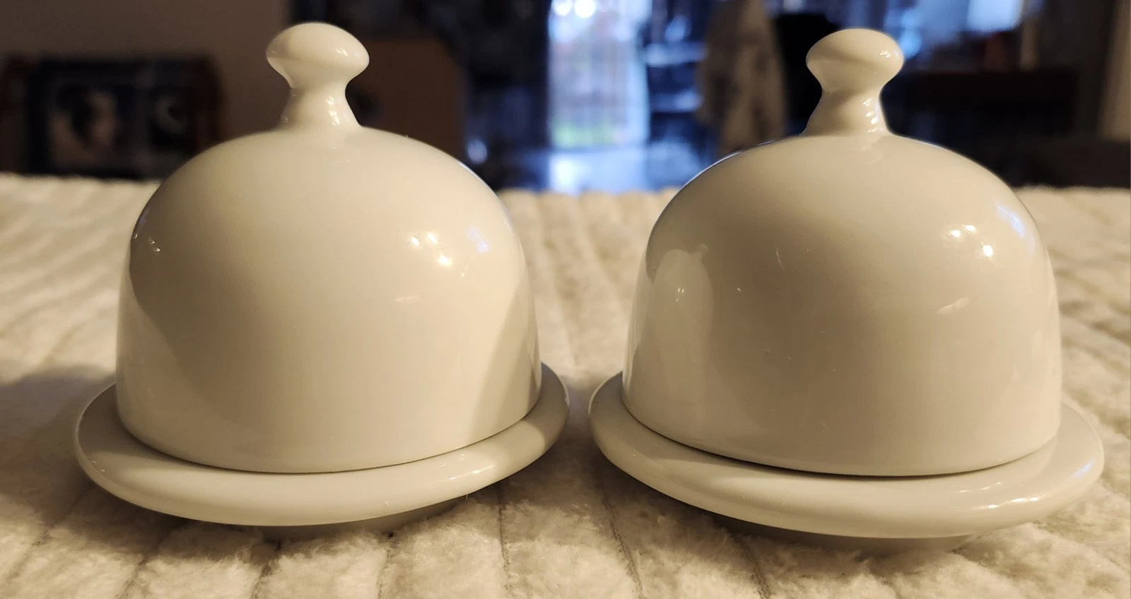 Set of 2 simple white ceramic butter dish with a domed lid marked WCL.