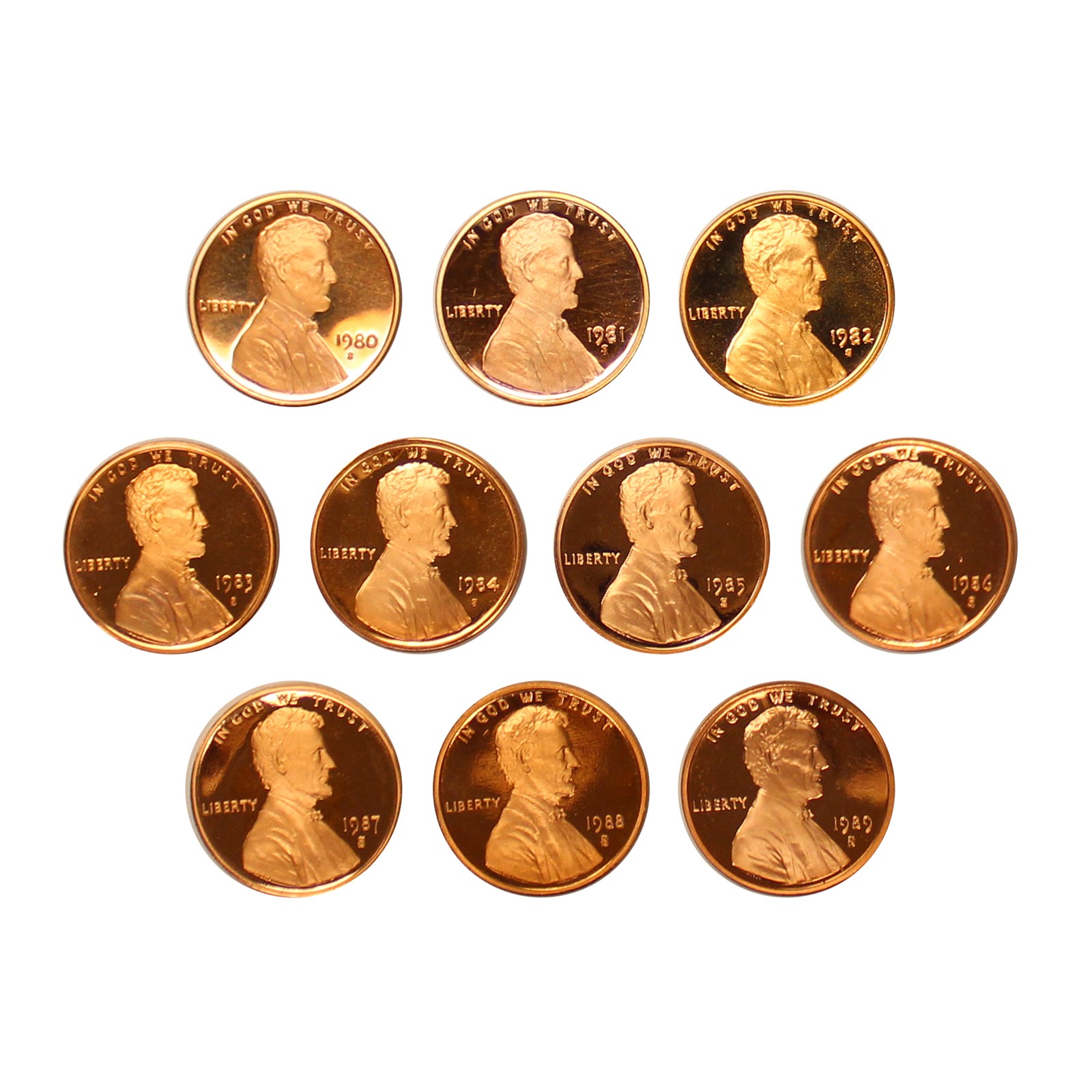 1980-1989 S Lincoln Memorial Cent Gem Deep Cameo Proof Coin Run 10 Coin set