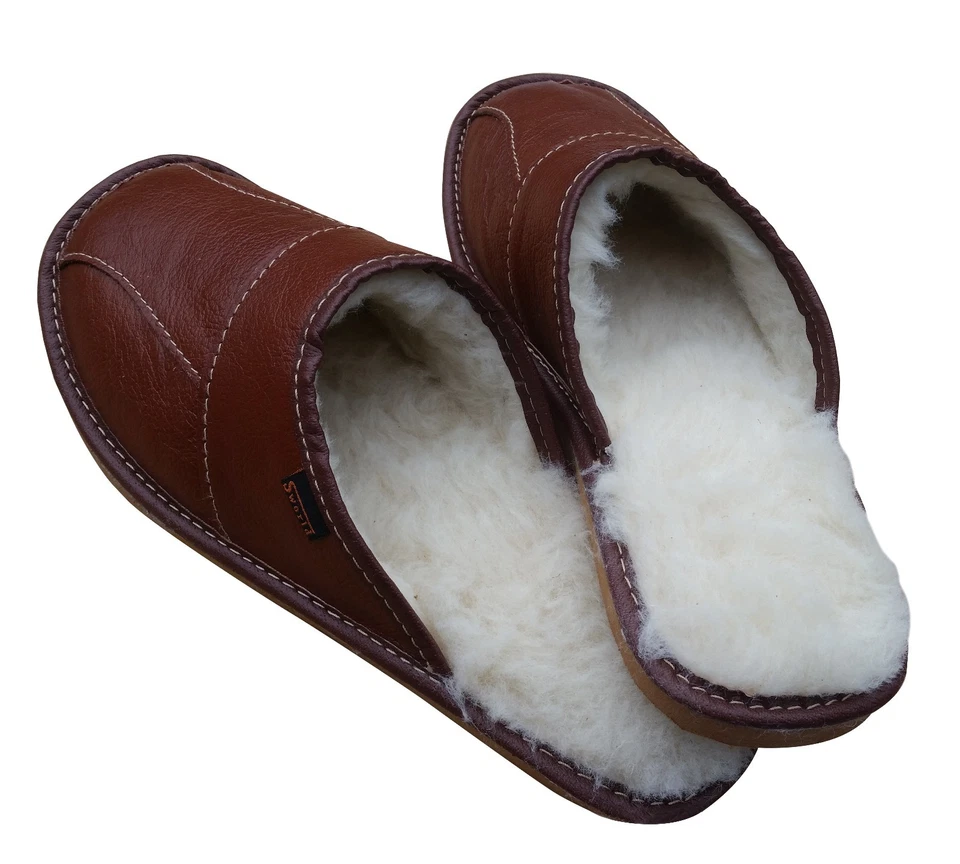 Men's Sheepskin Wool Black Leather Slippers Shoes Size Warm Moccasins Mules - Image 4 of 4