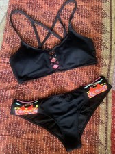Small Victorias Secret Pink Black Boho Swimsuit Beaded Bikini Set Strappy Padded