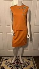 Vintage 1960s Mod Orange Poly Knit Sleeveless Shirt Straight Skirt Set Outfit M