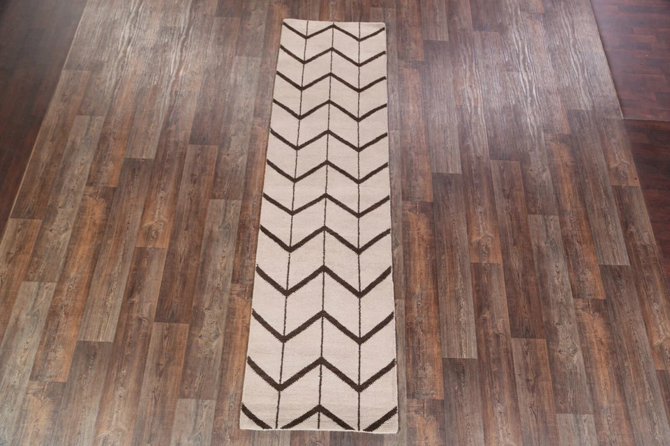 Trellis 象牙色 摩洛哥手工编织东方羊毛长条地毯 雪佛龙地毯 3x10 — 第 2/4 张图片