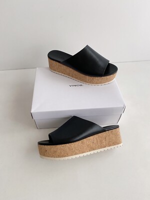  New VINCE James B Leather Platform Slide Sandals Black Womens Size 9M $275 NIB