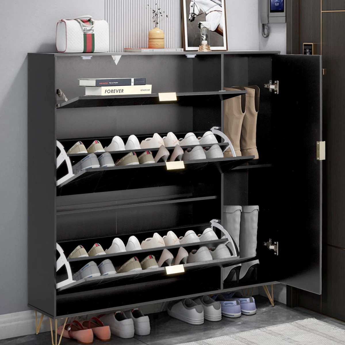 Shoe Cabinet with 2 Flip Drawers and Open Shelf,Free Standing Shoe Racks  Storage Cabinet with Metal Legs,Shoe Organizer Entrance Shoe Storage  Cabinet