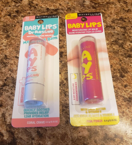 💋 MAYBELLINE BABY LIPS MOISTURIZING LIP BALM DR RESCUE CORAL & PINK PUNCH LOT 2 - Picture 1 of 6