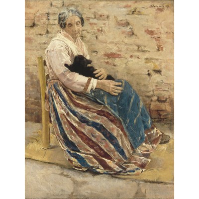 Liebermann Alte Frau mit Katzenstuhl Großer Leinwanddruck 46x61 cm