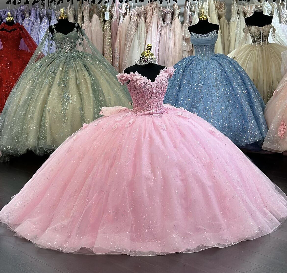 open lace back dress Pink See-Through Off The Shoulder Quinceanera Dresses with Appliques