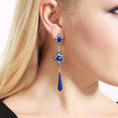 Boucles D'oreilles Chandelier Goutte Longue émail Bleu Marine Art Déco - Neuf Sans Emballage