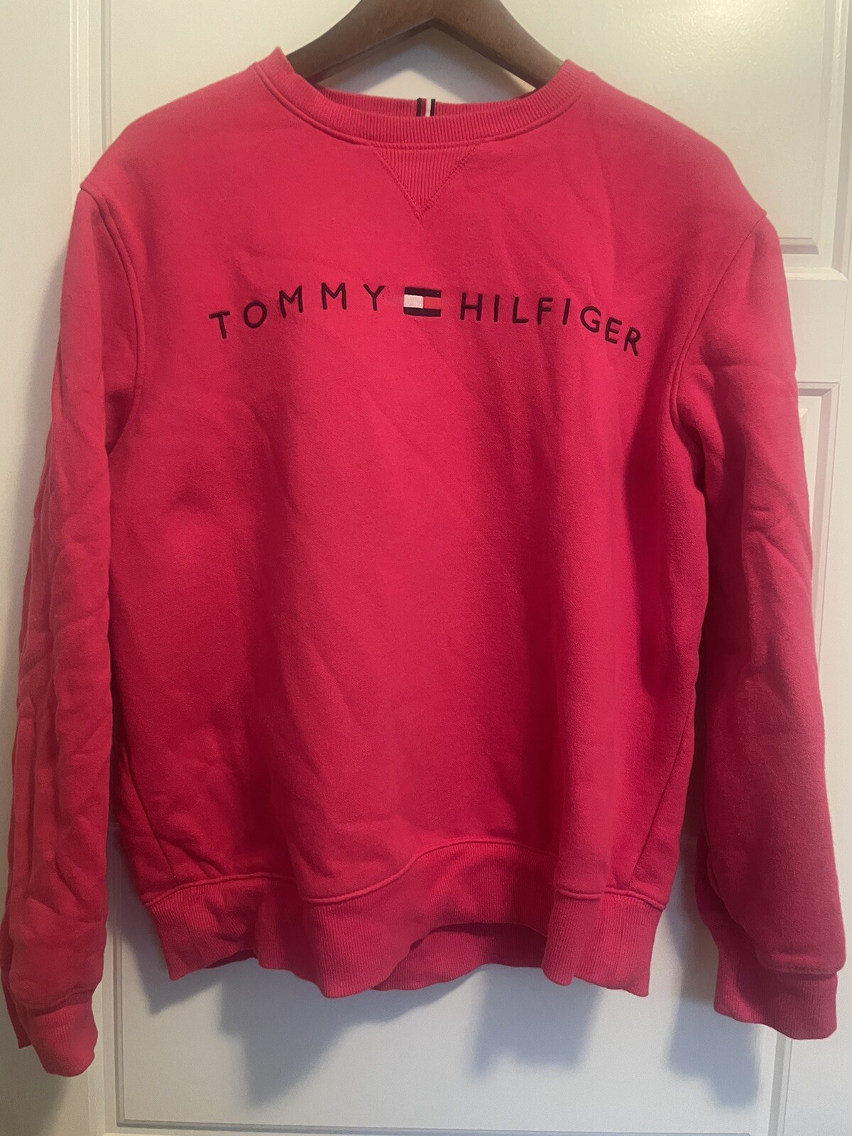 Men's Tommy Hilfiger Crew Neck Essential Logo Pullover Hot Pink Sweatshirt Large