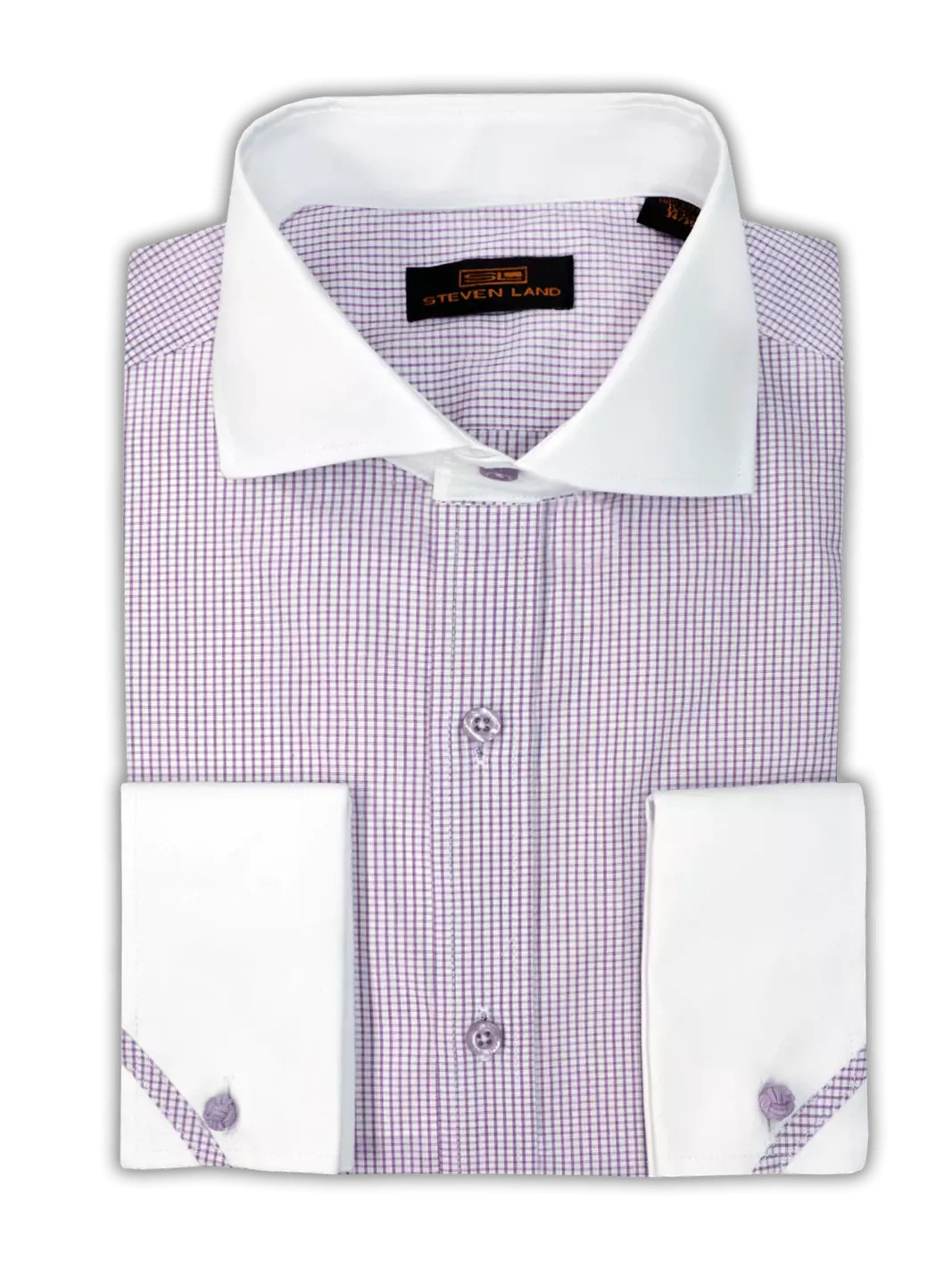 Steven Land Mens Purple Check Contrast Collar - French Cuff Cotton Dress Shirt